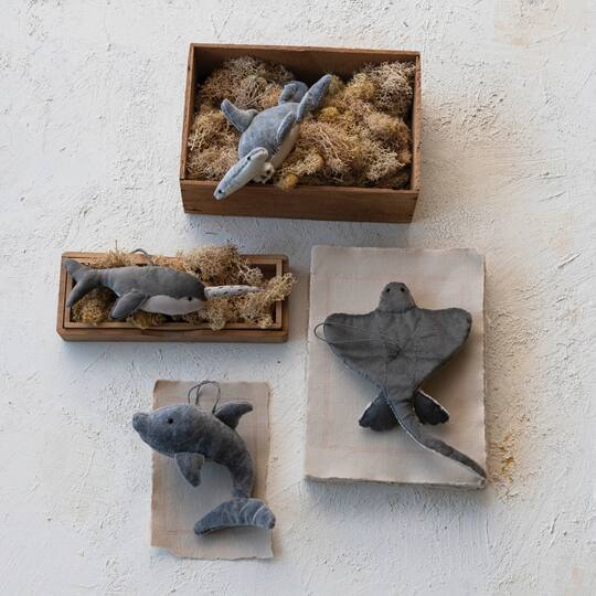 Hello Honey® 7" Cream & Gray Velvet Hammer Head Shark Ornament